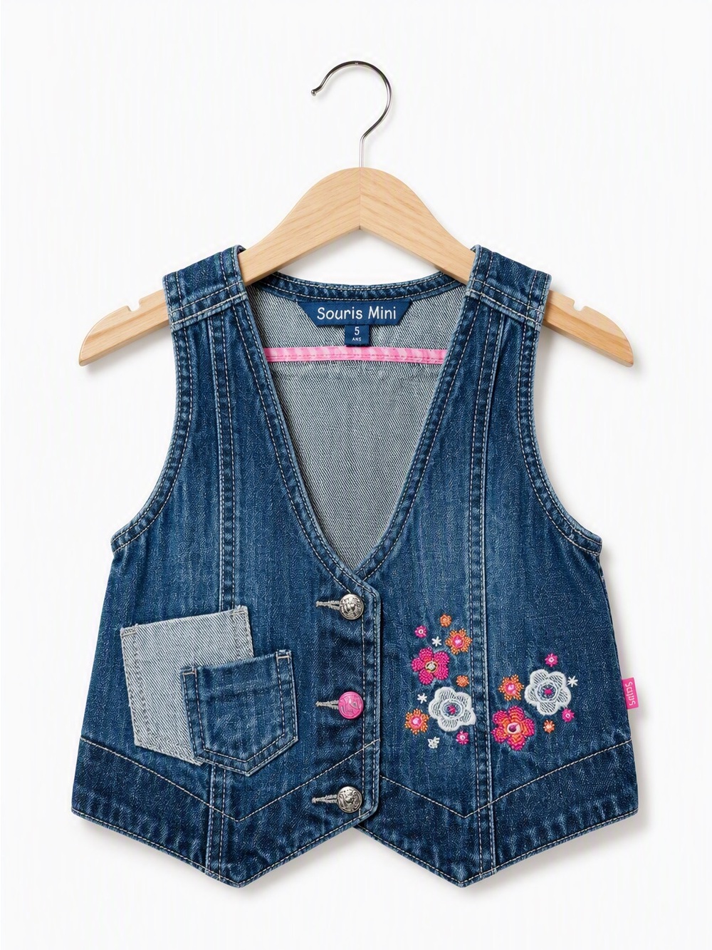 Vintage Souris Mini Embroidered Floral Mixed-Media Denim Vest 5 / 5Y